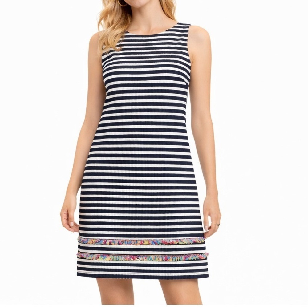 Vilagallo Navy & White Striped Sleeveless Dress Size 42 Made in Spain
